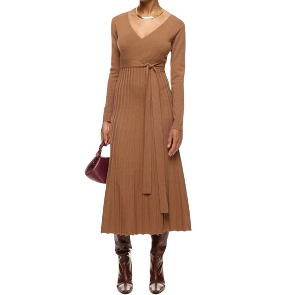Area Stars Camel Brown Knit Wrap Dress Long Sleeve Ribbed Midi Women’s Small - Picture 1 of 10